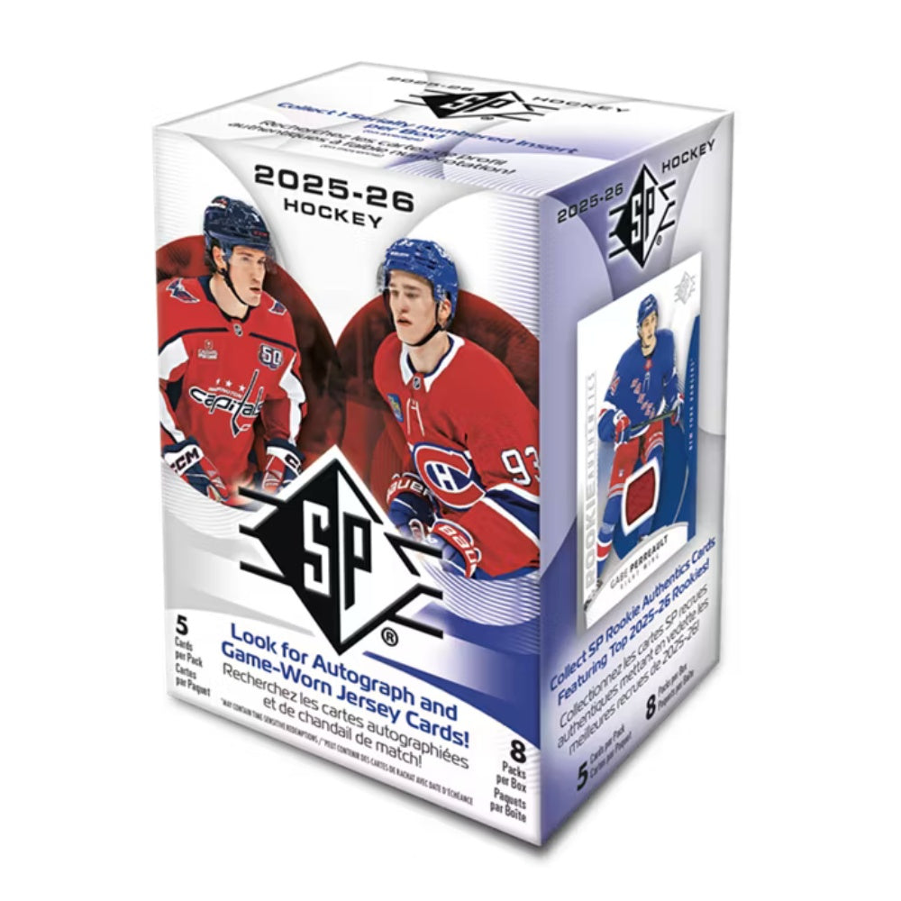 2025-26 Upper Deck SP Blaster Box med hockeybilder, samlarbox för ishockeyspelare och NHL-samlarkort.