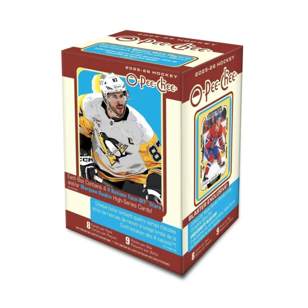 Upper Deck 2025-26 NHL O-Pee-Chee Blaster Box med hockeybilder och samlarkort.